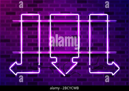 Pfeile nach links, rechts und unten leuchten auf der Leuchtreklame oder der LED-Streifen. Realistische Vektorgrafiken. Violette Ziegelwand, violettes Leuchten, Metallhalter. Stock Vektor