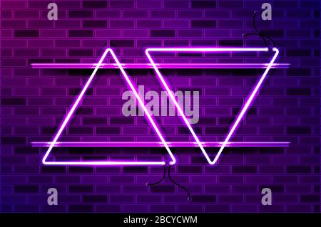 Nach oben und nach unten leuchtende Neon-Zeichen- oder LED-Streifenleuchte. Realistische Vektorgrafiken. Violette Ziegelwand, violettes Leuchten, Metallhalter. Stock Vektor