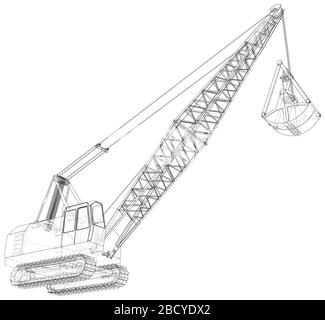 Dragline-Bagger. Die Ebenen der sichtbaren und unsichtbaren Linien werden getrennt. Die Ebenen der sichtbaren und unsichtbaren Linien werden getrennt. Außenrahmen für Drahtrahmen Stock Vektor