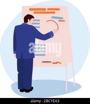 Man zeichnet EINEN Plan auf der Blackboard-Vektorgrafiken aus der Bürosammlung. Flat Cartoon Illustration isoliert auf weiß Stock Vektor