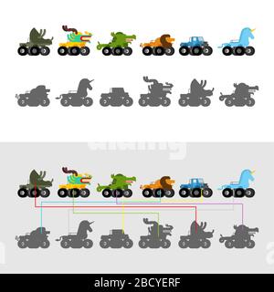 Finden Sie den richtigen Schatten. Monster Truck Animal. Cartoon Auto auf großen Rädern, Kinder Spiel Vektor Illustration Stock Vektor