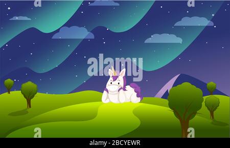 Pferd ist nachts im Garten in der Nähe des Berges Stock Vektor