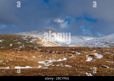 Schneebedeckte Hügel im Nachmittagssonnenlicht über talla Leinfüßchen. Schottische Grenzen. Schottland Stockfoto