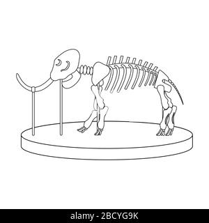 Cartoon-Skelett von Mammut über Paläontologie im Museum für Vorgeschichte. Weißer Hintergrund isolierte Umrisse Stock Vector Illustration Stock Vektor