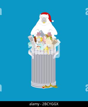 Santa Mouse in Garbage CAN. Symbol für das Jahr 2020. Ratte in roter Mütze. Vektor-Illustration für Weihnachten und Neujahr Stock Vektor