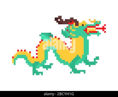 Chinesische Drachenpixel-Kunst China Fabelmonster 8 Bit. Nationale Volksbestendarstellung Stock Vektor