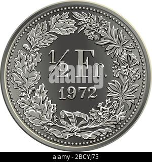 Umkehrung von 50 Centimes oder einer halben Franken-Münze mit einer halben fr und Jahr im Kranz aus Eichenblättern und Gentian, offizielle Münze in der Schweiz Stock Vektor
