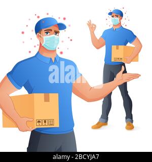 Der Mann des Kurierdienstes in der Schutzmaske im Haltekasten zeigt OK an. Vektorgrafiken. Stock Vektor