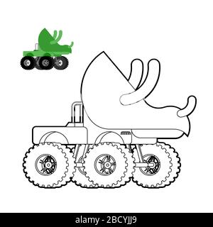 Malbuch für Monster Truck Triceratops. Dino Auto auf großen Rädern, Vektorgrafiken Stock Vektor