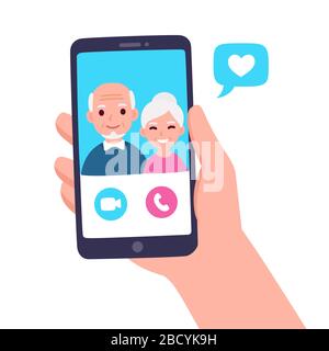 Videoanruf bei Großeltern oder älteren Eltern. Halten Sie das Smartphone mit älteren Paaren auf dem Bildschirm in der Hand. Einfache und niedliche Vektor-Illustration im flachen Cartoon Stock Vektor