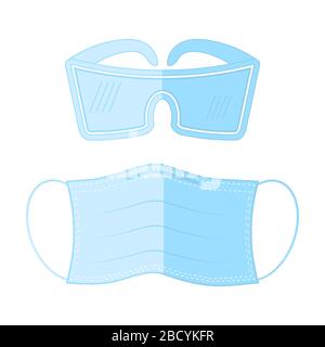 Gesichtsmaske und Kunststoffbrille zum Schutz auf weißem Hintergrund isoliert Stock Vektor