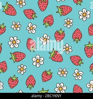 Bunte Erdbeeren mit Filzspitze und geblümtem Vector Seamless Muster Stock Vektor