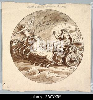 Apollo in Chariot mit Aurora und den Stunden. Die Forschung in ProgressApollo zeigte das Reiten in Streitwagen, das von drei Pferden gezogen wurde. Aurora und die Stunden begleiten ihn. Teil des dargestellten Zodiac. Apollo in Chariot mit Aurora und den Stunden Stockfoto