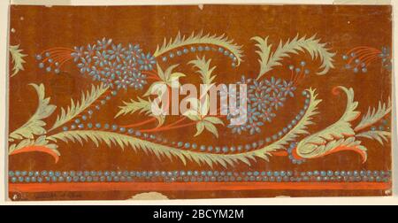 Design für einen gestickten oder gewebten horizontalen Rand der Fabrique de St Ruf unfertig. Forschung in ProgressRinceaux mit Haufen von Blumen und Blättern, von denen zwei Reihen von Samen auf einer Seite zeigen. Unten befinden sich zwei Perlenreihen und ein Streifen. Es wird etwas mehr als eine Wiederholung angezeigt. Design für einen gestickten oder gewebten horizontalen Rand der Fabrique de St Ruf unfertig Stockfoto