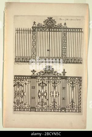 Zwei Designs für Metal Gates und Panels im Nouveau Livre de Serrurie New Book of Ironsmirthing. Forschung in ProgressTwo Designs für verzierte Tore, die oben und unten im Design abgebildet sind. Beide Torausführungen haben verzierte Eisentrackerarbeiten. Zwei Designs für Metal Gates und Panels im Nouveau Livre de Serrurie New Book of Ironsmirthing Stockfoto