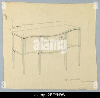 Design für Sideboard von Mahagoni mit Serpentine Front. Forschung in ProgressRectangular Sideboard an sechs geraden, sich verjüngenden Beinen; Serpentinenfront hat zwei Schubladen - die oberen sind schmaler - in der Mitte, jedes hat zwei C-förmige Griffe; niedriger Rücksplash. Design für Sideboard von Mahagoni mit Serpentine Front Stockfoto