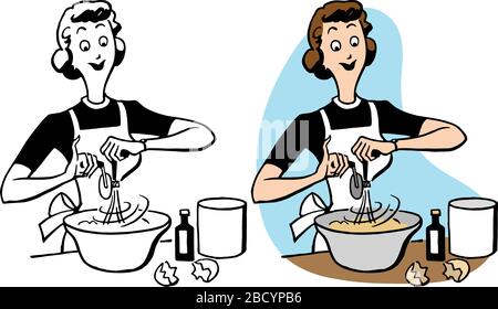 Ein Cartoon einer Frau, die beim Backen in ihrer Küche Eier schlägt. Stock Vektor