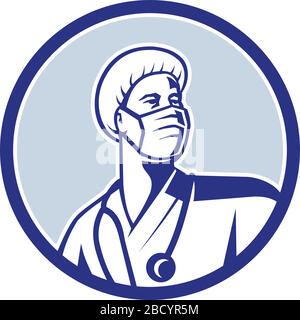 Mascot Ikone Illustration eines medizinischen Arztes, einer Krankenschwester, eines medizinischen Fachangestellten oder eines essentiellen Arbeiters, der eine chirurgische Maske und einen buftigen Scheuerschlag trägt Stock Vektor