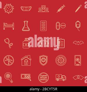 Farbsymbole der Coronavirus-Linie auf rotem Hintergrund, Stockvektor Stock Vektor
