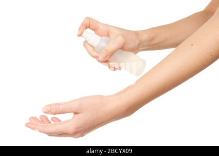Hände mit Handgel reinigen Stockfoto