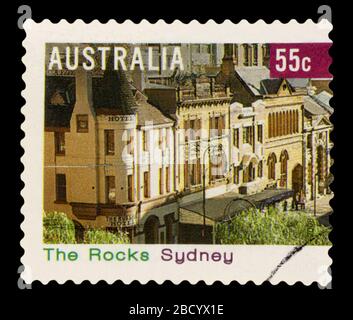 Australien - ca. 2008: einen Stempel in den Australien gedruckten zeigt The Rocks, Sydney, touristische Precinct, circa 2008. Stockfoto