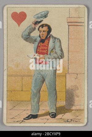 Hearts Jack. Forschung in ProgressJack of Hearts Court Spielkarte aus einem Satz Transformationskarten. Eine männliche Figur, die in der Uniform eines Briefträgers gezeigt wird, indem er seinen Hut erhöht und einen Liebesbrief zur Auslieferung trägt. Ein rotes Herz oben links. Hearts Jack Stockfoto