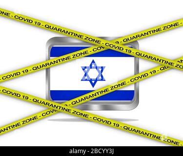 COVID-19-Warnband gelb mit: Quarantänezone Abdeckung 19 auf Israel-Flaggenabbildung. Gefahrengebiet Coronavirus, Land in Quarantäne. Stockfoto