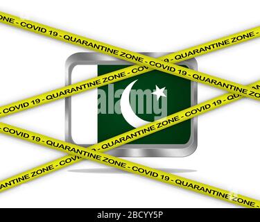 COVID-19-Warnband gelb mit: Quarantänezone Abdeckung 19 auf Pakistan-Flaggenabbildung. Gefahrengebiet Coronavirus, Land in Quarantäne. Stockfoto