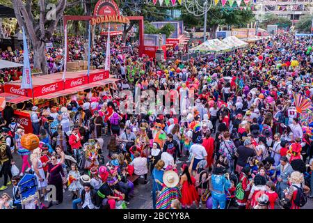 Luftaufnahme von Menschenmengen verkleideter Menschen, die tagsüber auf den Straßen feiern Karneval auf der Plaza del Príncipe de Asturias Stockfoto