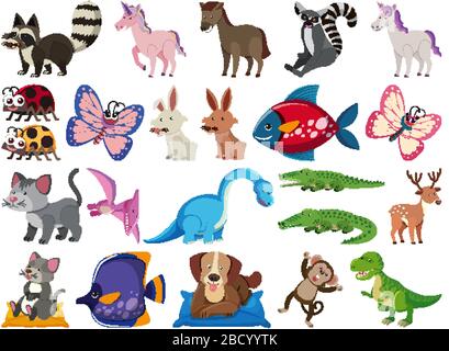 Großer Satz wilder Tiere auf weißer Hintergrundabbildung Stock Vektor