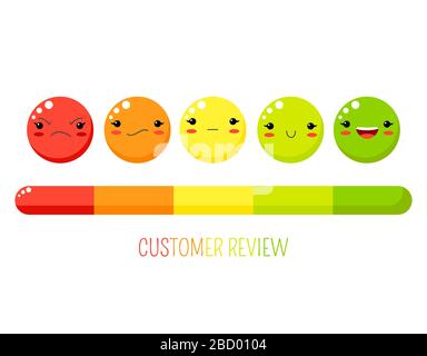 Konzept der Rating-Erfahrung. Bewertungsformular für den Kundenservice mit einem Lächeln und einer Bewertungsskala. Kunde überprüft Feedback zu Qualität und Service. Vec Stock Vektor