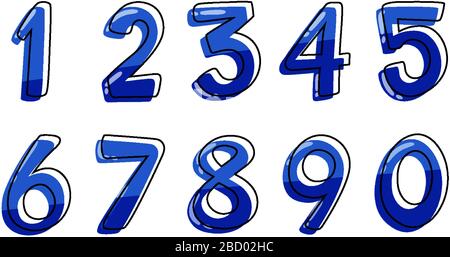 Schriftdesign für Zahlen von eins bis Null auf weißer Hintergrundabbildung Stock Vektor