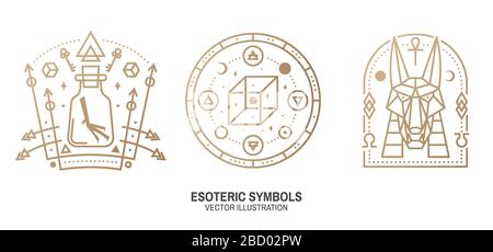 Esoterische Symbole. Vektor. Geometrische Plakette mit dünner Linie. Gliederungssymbol für Alchemie, heilige Geometrie. Mystisches, magisches Design mit Chemiekolben mit Krähenfuß, ägyptischer gott Anubis, unechter geometrischer Würfel Stock Vektor