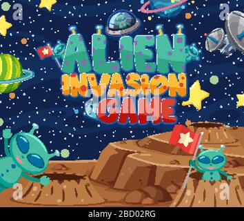 Posterdesign mit Word Alien Invasion Game und vielen Planeten in der Hintergrund-Illustration des Weltraums Stock Vektor