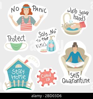 Der Satz von Coronaviry-Aufklebern. Selbstquarantäne, bleiben Sie zu Hause, keine Panik. Prävention Covid-19 Stock Vektor
