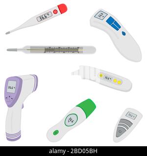 Abbildung zum Thema verschiedene Thermometertypen zur Vorbeugung von Coronavirus. Thermometer, bestehend aus med-Zubehör mit Präventionskonavi Stock Vektor