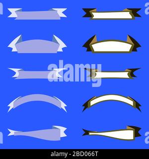 Banner mit flachen Vektorbändern. Dekorative Bänder Banner auf blauem Hintergrund. Fünf hellblaue Farbbänder. Fünf weiße Bänder mit dunklem Khaki-Rand. Vecto Stock Vektor