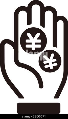 Geld (Münze) auf der Hand, Austausch, Bargeld zurück, Geld zahlen Vektor-Symbol-Illustration ( Japanischer Yen ) Stock Vektor