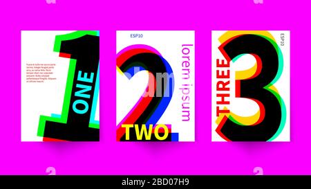 Plakate mit Zahlen, abstrakte, helle, moderne weiße Hintergründe mit moderner Komposition, schweizer Design. Vektorgrafiken Stock Vektor