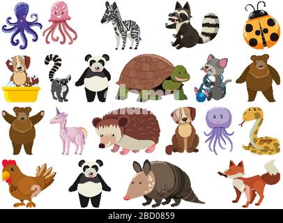 Großer Satz wilder Tiere auf weißer Hintergrundabbildung Stock Vektor