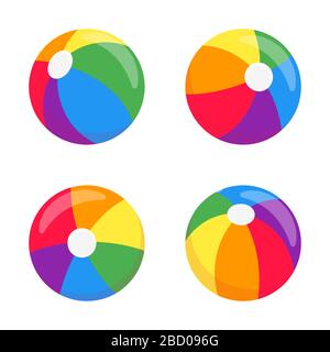 Beach Balls flaches Design Vektor illusionset Symbol Zeichen isoliert auf weißem Hintergrund. Spielzeug im Retro-Stil für Sommerspiele oder Ferienbälle in V Stock Vektor