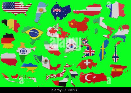 3D-Karte in vielen Ländern festlegen. Karte der Länder Landgrenze mit Flagge. Die Länder sind weiß grün. 3D-Rendering Stockfoto