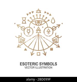 Esoterische Symbole. Vektorgrafiken. Geometrische Plakette mit dünner Linie. Gliederungssymbol für Alchemie oder heilige Geometrie. Mystisches und magisches Design mit all-seeing Eye. Stock Vektor