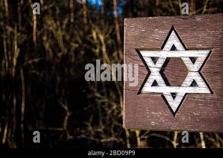 Davidstern, Symbol des Judentums, Symbol der Juden, Israel, weißer Stern auf einer Holztafel eingraviert Stockfoto