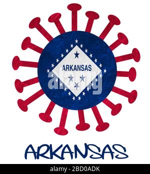 Staatsflaggen von Arkansas mit Corona-Virus oder Bakterien - isoliert auf Weiß Stockfoto
