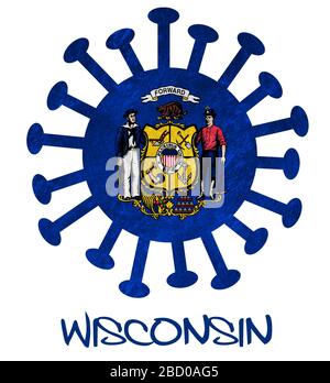 Staatsflaggen von Wisconsin mit Corona-Virus oder Bakterien - isoliert auf Weiß Stockfoto