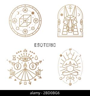 Esoterische Symbole. Vektor. Geometrische Plakette mit dünner Linie. Gliederungssymbol für Alchemie, heilige Geometrie. Mystisches, magisches Design mit unechtem geometrischem Würfel, ägyptischer gott Anubis, Mann in yoga-lotus-Pose Stock Vektor