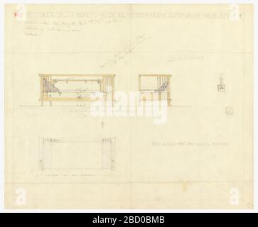 Tagescouch für Frau Allens Boudoir Henry J allen Residenz Wichita Kansas. Forschung in ProgressAt Mitte der Seite, zwei farbige Zeichnungen der Tag-Couch, eine auf der rechten Seite ist von der Vorderseite, eine auf der linken Seite von der rechten Seite. Unten rechts, farbige Zeichnung, gibt es eine Graphitzeichnung des Tagestisches von oben. Tagescouch für Frau Allens Boudoir Henry J allen Residenz Wichita Kansas Stockfoto