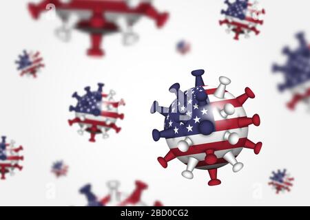COVID-19. 3D Floating Corona Virus with America ( USA ) Flag and Depth of Field . Ursache von SARS, MERS COV und COVID19 bei Human. Globale Verbreitung und w Stock Vektor