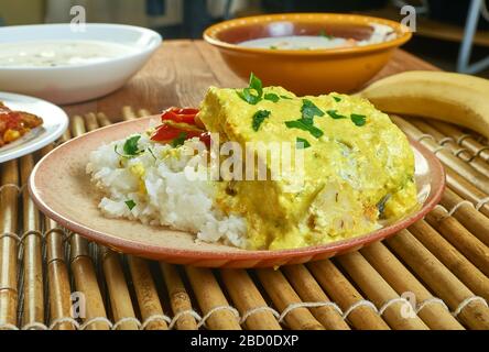 Goan Cod Curry, an der Westküste Indiens gelegen, regionale Küche, bekannt für Meeresfrüchte und Kokosmilch Stockfoto